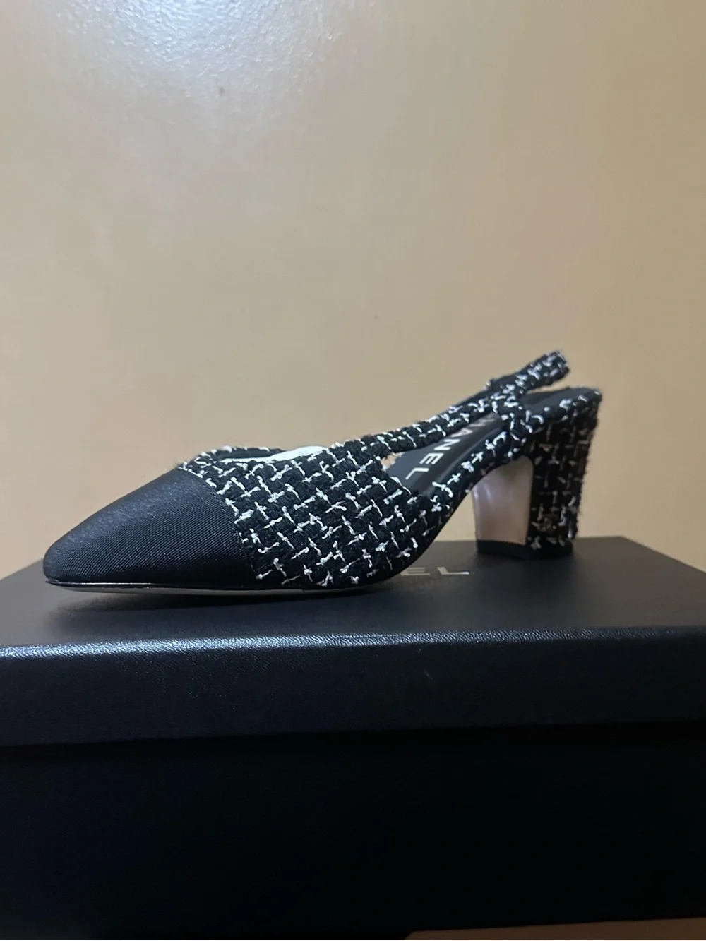 CHANEL Black & White Tweed Slingback Flat